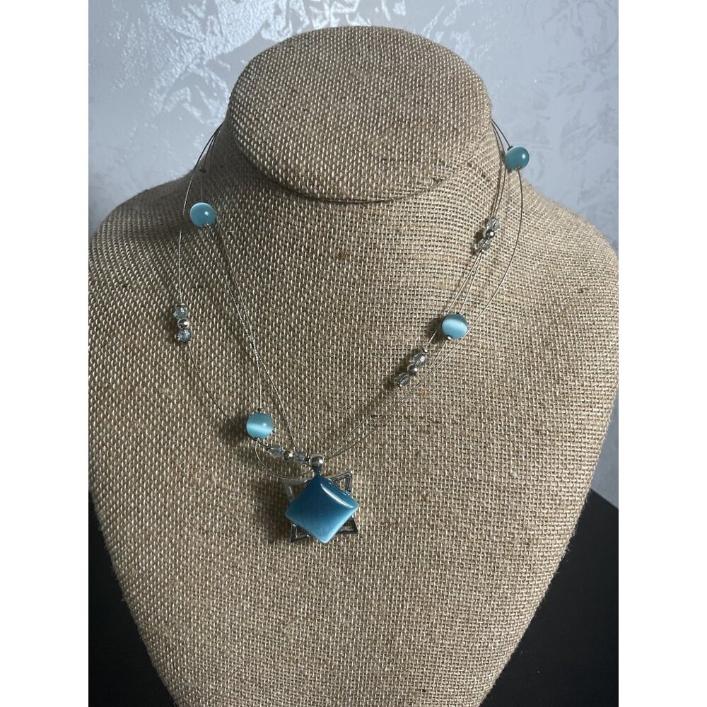 Multi-Layered Silver Necklace With Blue Beads & Star Pendant For Women